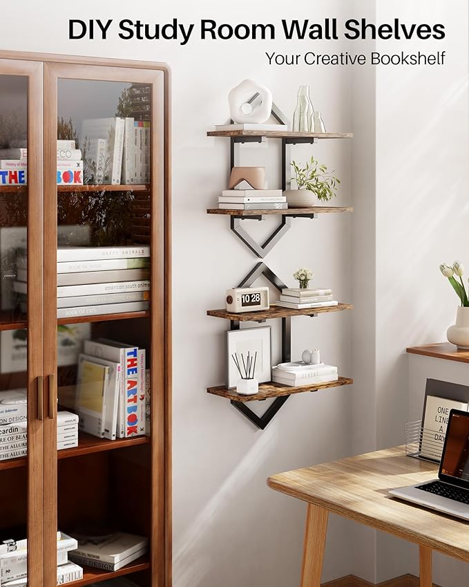 Floating Shelves, Set of 2 Wall Shelf, Wall Mounted Decorative Shelves, 2-Tier Modern Geometric Hanging Storage Shelf for Living Room, Bedroom, Kitchen, Office, Study (Rustic Brown + Black)