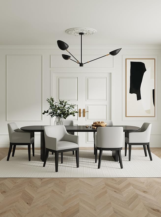 Manhattan Comfort Gansevoort Modern Faux Leather Dining Chair with Arms, Leatherette Upholstery on Solid Beech Wood Frame, Accent Furniture for Kitchen Table or Office, Set of 1, Stone Grey