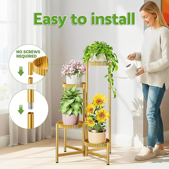 Stand Plants, 4 Tiers Metal Tiered Plant Stands for Outdoor Indoor,Heavy Duty Flower Pot Stands for Multiple Plants,Decoration Floding Tall Display Racks for Patio Porch -GoldFloroma