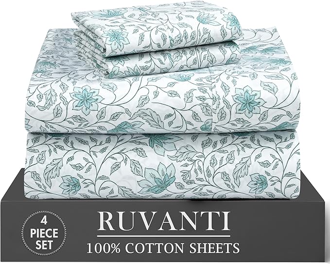 RUVANTI 100% Cotton Percale Sheets Twin XL Size 4 Piece Set, Cooling Bed Sheets for Hot Sleepers, Deep Pocket 16”, Breathable Lightweight & Durable, Crisp Hotel Style Sheets, Wildflower Nest
