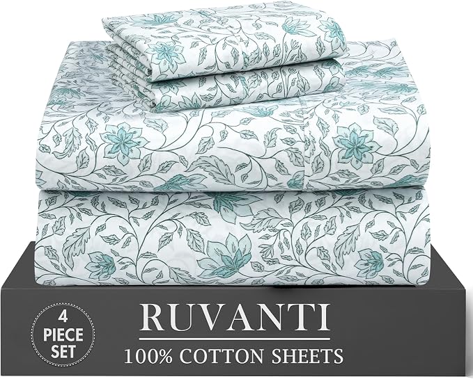 RUVANTI 100% Cotton Percale Sheets Twin Size 4 Piece Set, Cooling Bed Sheets for Hot Sleepers, Deep Pocket 16”, Breathable Lightweight & Durable, Crisp Hotel Style Sheets, Wildflower Nest