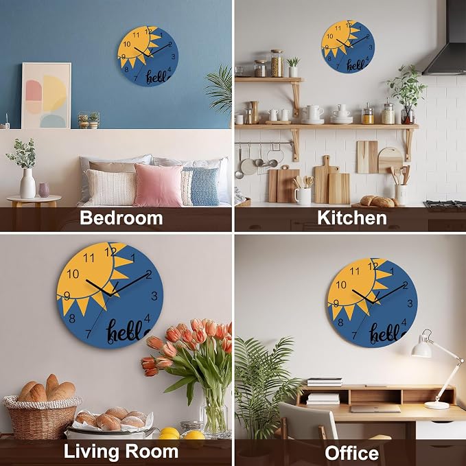 Sunburst Rays Wall Clock Battery Operated Non-Ticking 12" Round Wood Clocks, Mustard Yellow Slate Blue Kitchen Wall Clock for School Bathroom Living Room Home Office Wall Decor