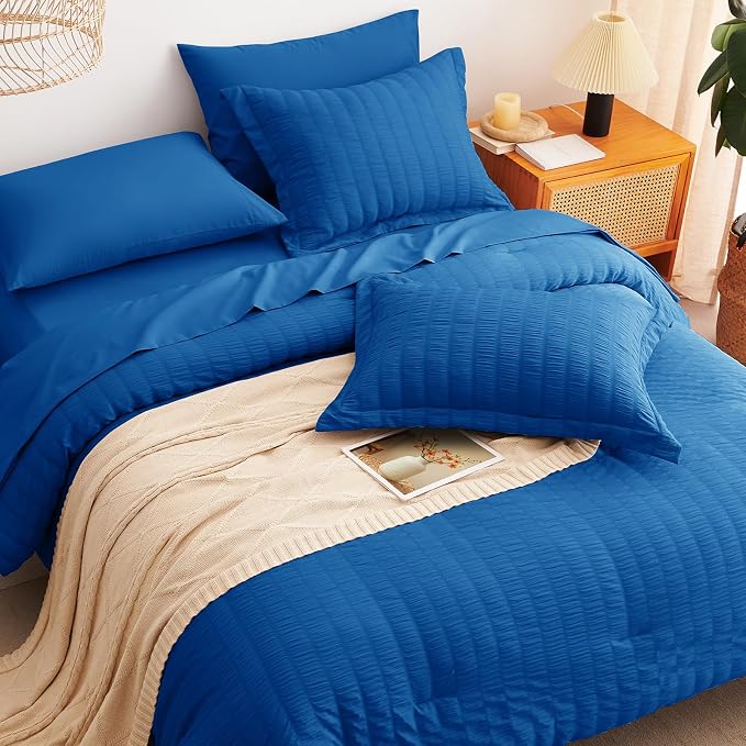 CozyLux Full Size Comforter Sets Classic Blue, 7 Pieces Seersucker Textured Luxury Bed in a Bag, All Seasons Soft Bedding Sets with Down Alternative Comforter, Sheets, Pillowcases & Shams, Home Gift
