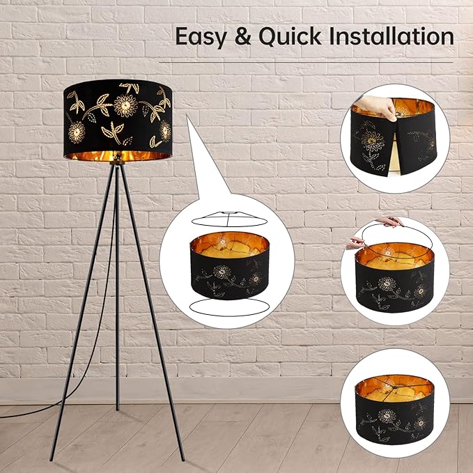 BoostArea Flower Tripod Floor Lamp, Mid Century, 8W LED Bulb, Decorative Lamp Shade, Black Metal Pole, Suitable for Living Room, Bedroom, Study, Office