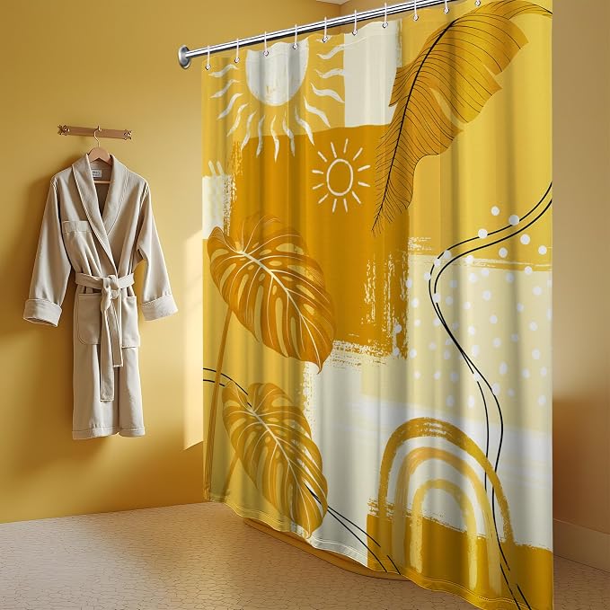 Small Stall Shower Curtain Rv Mustard Yellow Boho, 48 x 72 Inchs | for Camper Stand Up Shower, Modern Pattern Design, Narrow Bathroom Decor Sets Waterproof Cloth Fabric, with Hooks