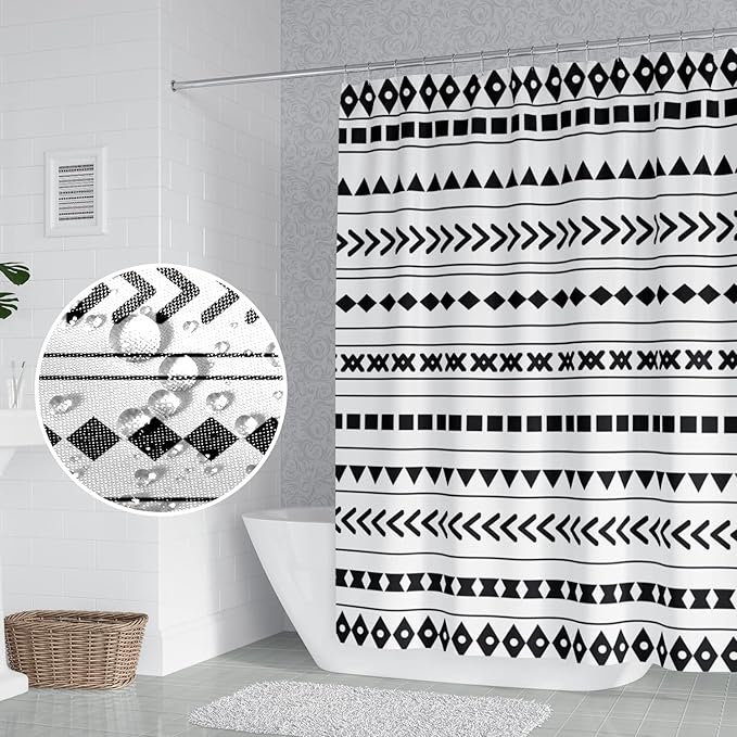 Black and White Fabric Bathroom Shower Curtain Boho Abstract Geometric Pattern Waterproof Polyester Shower Curtains for Modern Minimalist Artistic Aesthetic Home Decorative, 72x96 Inch