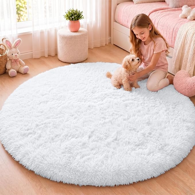 OLANLY White Round Rugs for Bedroom - Machine Washable, 4 ft Circle Area Rugs for Living Room, Soft and Fluffy Shaggy Carpet for Teen Girls and Boys, Nursery Rooms, Dorms, Home Decor Aesthetic