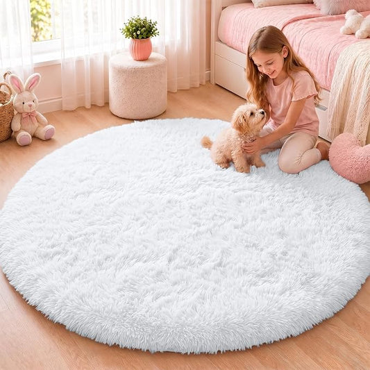 OLANLY White Round Rugs for Bedroom - Machine Washable, 5 ft Circle Area Rugs for Living Room, Soft and Fluffy Shaggy Carpet for Teen Girls and Boys, Nursery Rooms, Dorms, Home Decor Aesthetic