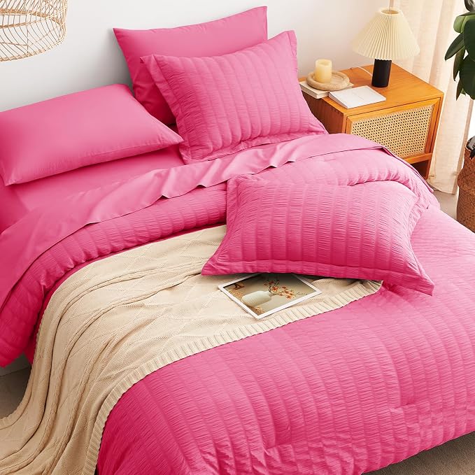 CozyLux Queen Comforter Set Hot Pink, 7 Pieces Seersucker Textured Luxury Bed in a Bag Queen, All Seasons Soft Bedding Sets with Down Alternative Comforter, Sheets, Pillowcases & Shams, Home Gift
