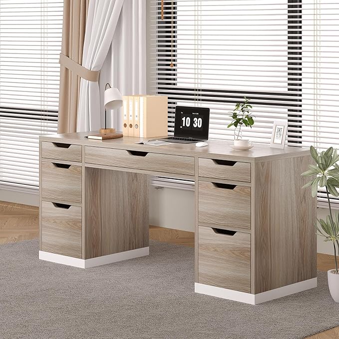 MaverickFurni Computer Desk with Storage Drawers, 54 Inch Executive Desk with 7 Drawers for Bedroom, Office Desk with File Drawers for Work Study Writing, Small Spaces, White and Walnut