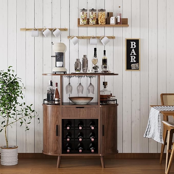 Wine Bar Storage Cabinet, Coffee bar Cabinet for Liquor with Open Wine Rack & Sliding Doors, Modern Home Bar for Living Room, Kitchen, Dining Room (Walnut)
