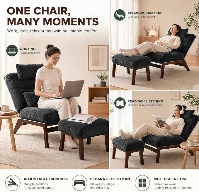 GEMBED Accent Chair with Ottoman Adjustable Backrest, Comfy Lounge Chair Single Sofa with Headrest Lumbar Pillow, Reading Chair with Footrest for Bedroom, Living Room, Dark Grey