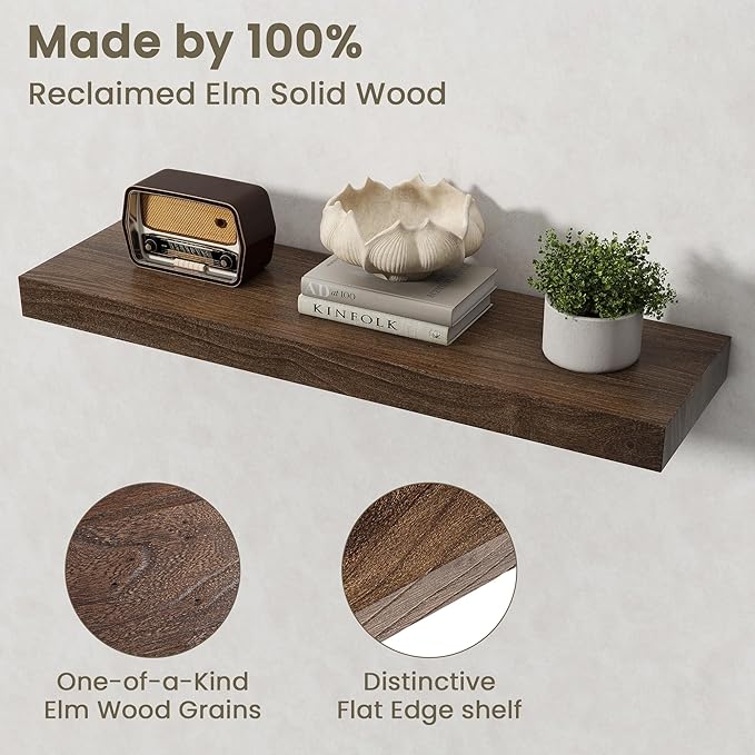 Fun Memories Solid Elm Wood Floating Shelves Set of 2-30 Inch Rustic Wall Shelves with Heavy-Duty Invisible Brackets - for Living Room, Kitchen, Bedroom, Bathroom - Walnut Finish