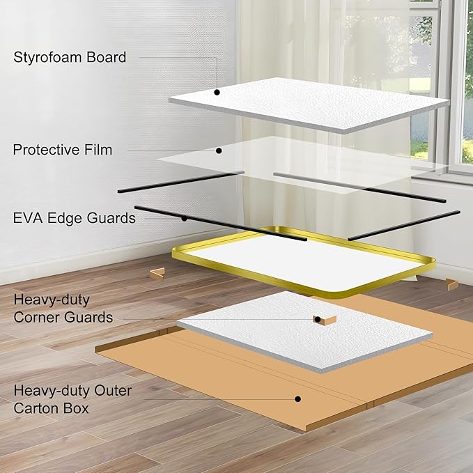 CIRCUMI Gold Bathroom Mirror, 36"x60" Rectangular Mirror with Deep Metal Frame, Rounded Corner, Tempered Glass, Large Mirror for Wall, Over 2 Sinks, Installed Vertically/Horizontally, Crystal-Clear