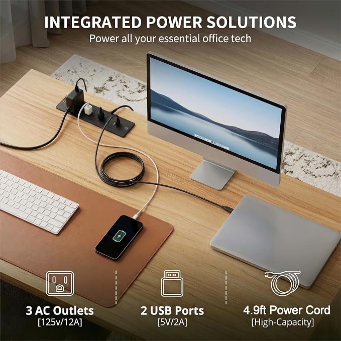 FURSUN 58" Executive Desk with Charging Station & File Drawer, Modern Fluted Home Office Desk with 5 Drawers & Keyboard Tray, Large Computer Writing Desk, Natural Oak