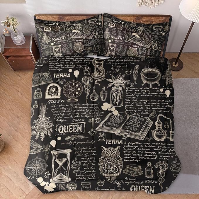 WeCozy Queen Size Comforter Set with 2 Pillowcases, Gothic Goth Bat Chemistry Science Dark Academia Medieval 3 Pcs Bedding for Adults Bedroom Bed Decor