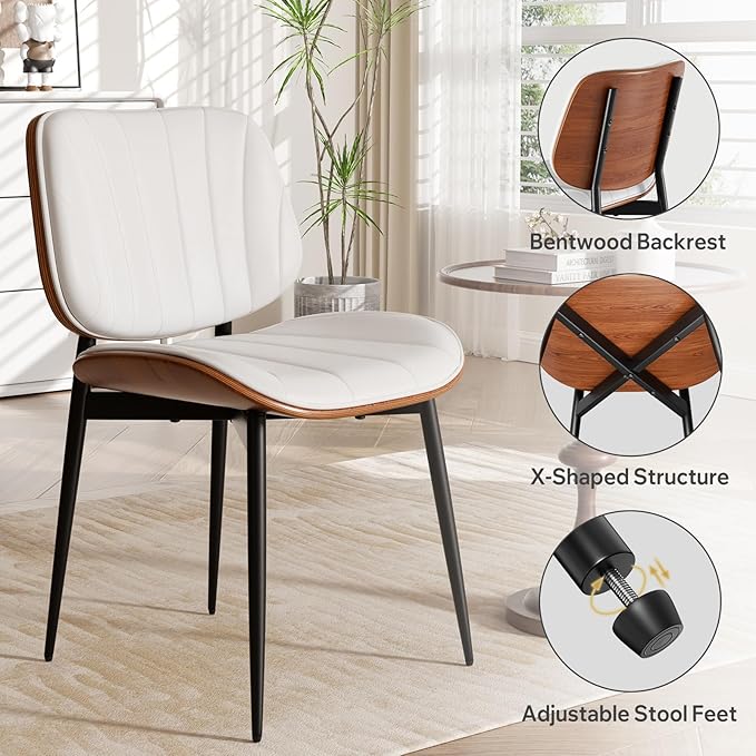 Dining Chairs Set of 8, Mid Century Modern Dining Room Chair, Upholstered Faux Leather Kitchen Chairs with Walnut Bentwood Back and Metal Legs for Kitchen Dining Room Living Room, White