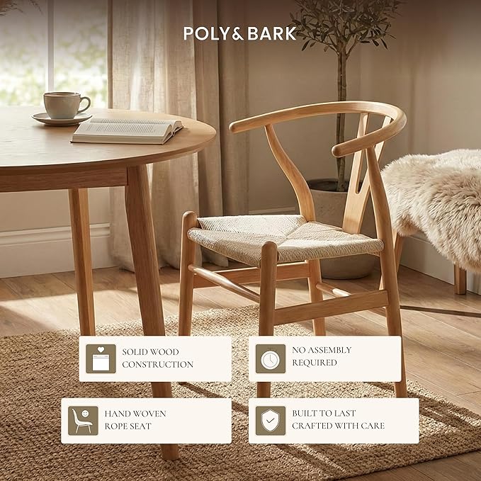 POLY & BARK Weave Dining Chairs – Mid-Century Modern Wishbone Dining Chairs with Arms, Solid Wood Frame, Indoor Use – Natural – Set of 2 - Ideal for Dining Room, Kitchen or Stylish Accent Setting