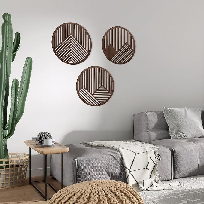 pechpell 3 Piece Round Wood Mountains Wall Art, 11.8" Circle Wooden Geometric Wall Decor, Rustic Nature Mountain Line Artwork for Living Room Bedroom Office Farmhouse Home Decorations