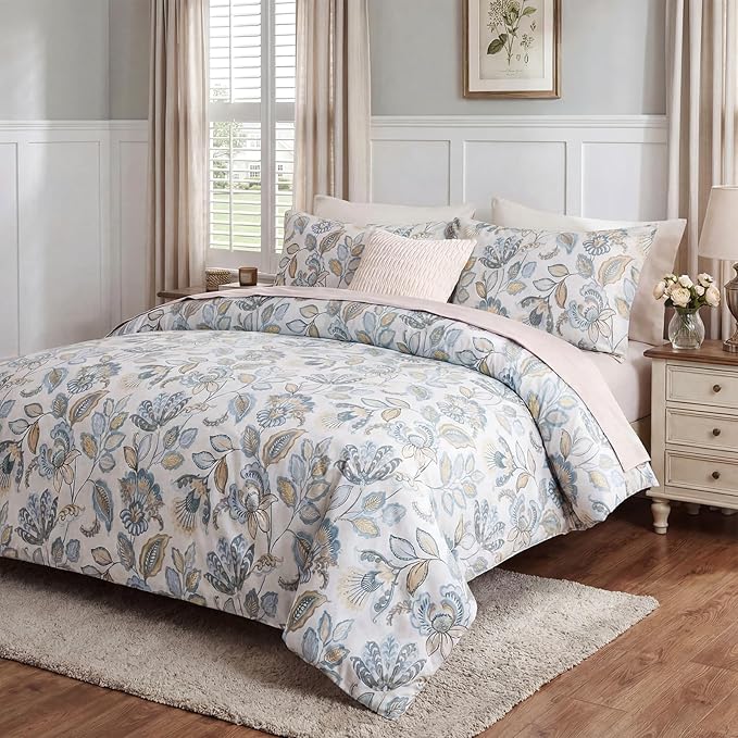 Blue Floral Duvet Cover Queen Size 100% Cotton Botanical Coquette Comforter Cover 3 Pieces Soft & Breathable French Style Duvet Cover with Zipper Closure