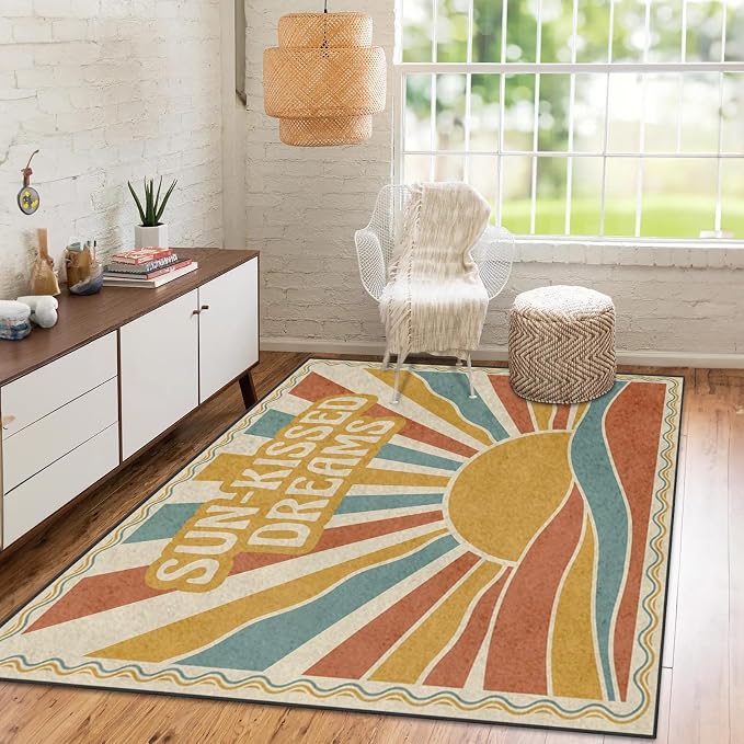 Area Rugs 3'x5' Washable Rug, Retro Sunburst Boho Stain Resistant Non Slip Backing Sunset Vintage Carpet for Living Room Bedroom Dining Room