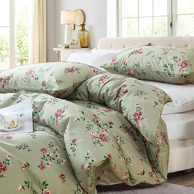 100% Cotton Duvet Cover Set Queen Size– Green Classic Botanical Print Bedding Set 3 Pieces, Breathable Lightweight Comforter Cover with Zipper Closure, Vintage Garden Floral Bed Set