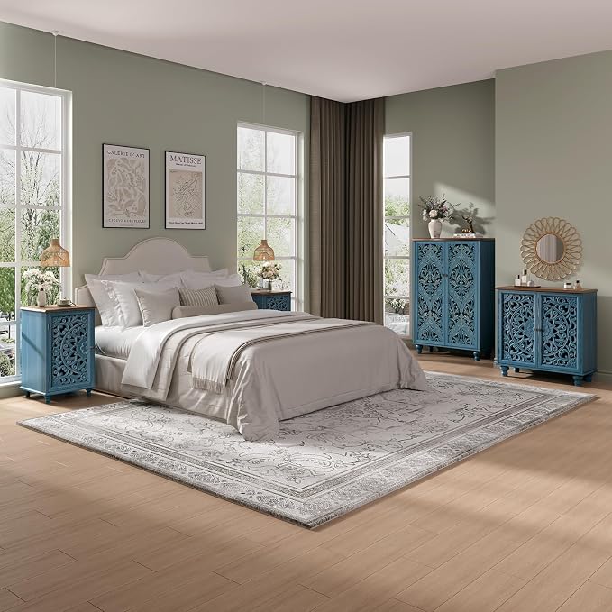 JOINICE Small Accent Cabinet with Carved Mandala Door,Storage Cabinet with Solid Wood Legs & Adjustable Shelf,Boho Distressed End Table for Living Room,Bedroom, Entryway Side Table(Blue & Walnut)