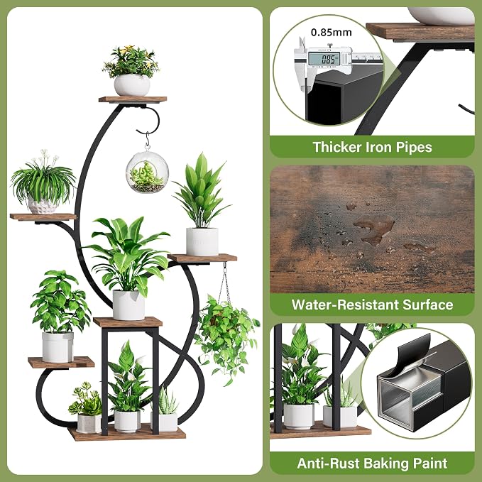 Plant Stand Indoor with Grow Lights, 6 Tiered Corner Plant Shelf , 47'' Plant Stands for Multiple Plants, Metal Curve Shaped Plant Holder Display Rack , Flower Stands for Living Room Patio Home Decor