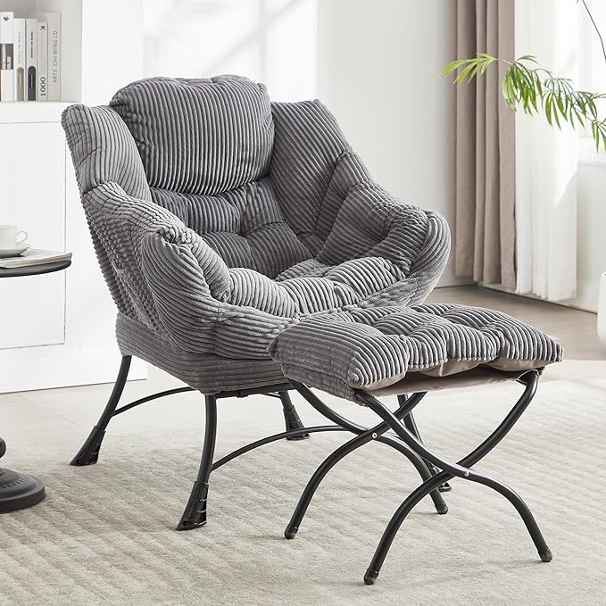 Lazy Chair with Ottoman, Comfy Lounge Chair for Reading, Relaxing, and Napping, Perfect for Living Room, Bedroom or Office, Grey