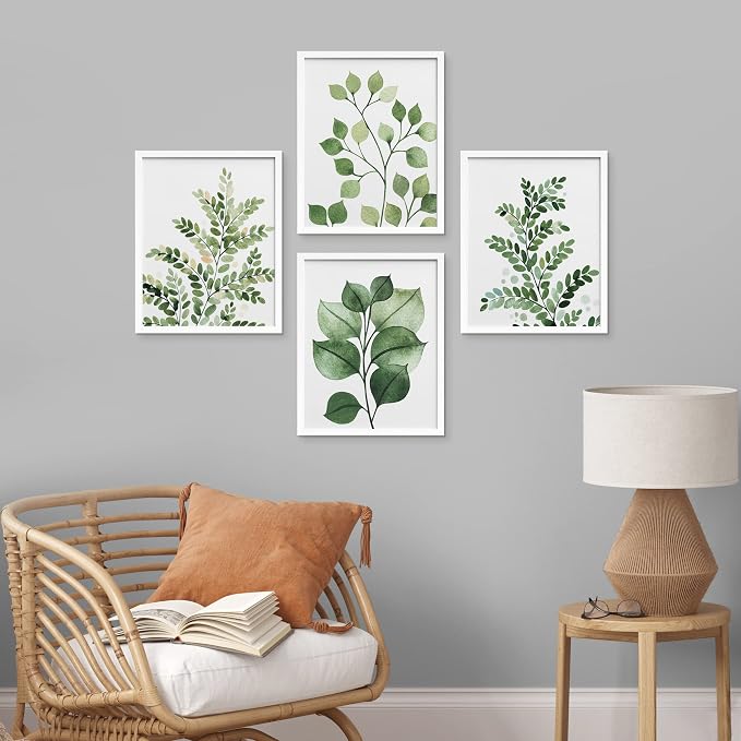 SIGNWIN Framed Green Pastel Forest Fern Leaf Wall Art, Set of 4 Collage Nature Garden Wall Decor Prints, Nature Wilderness Wall Décor for Living Room, Bedroom - 11"x14" White