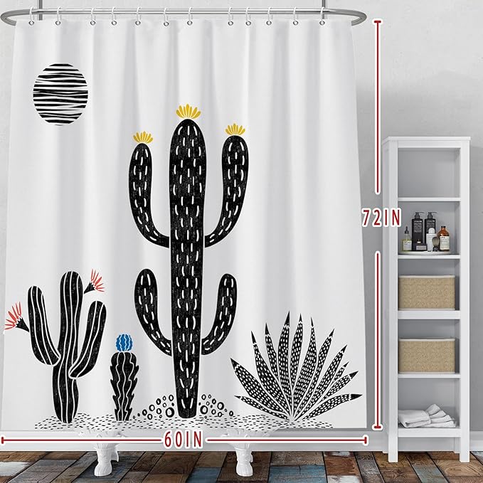 Baocicoo Boho Cactus Shower Curtain Tropical Plants Minimalism Floral Abstract Moon Black and White Shower Curtains for Hotel Home Bathroom Polyester Waterproof Fabric with Hooks 60x72 Inches