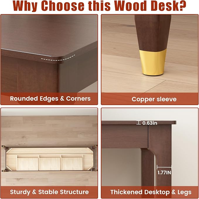63 Inch Long Solid Wood Desk with Drawers - Mid Century Modern Office Desks, Executive Computer Desk for Two People, 2 Person Desk|Gaming Writing Study Table for 2 Monitors-Dark Walnut