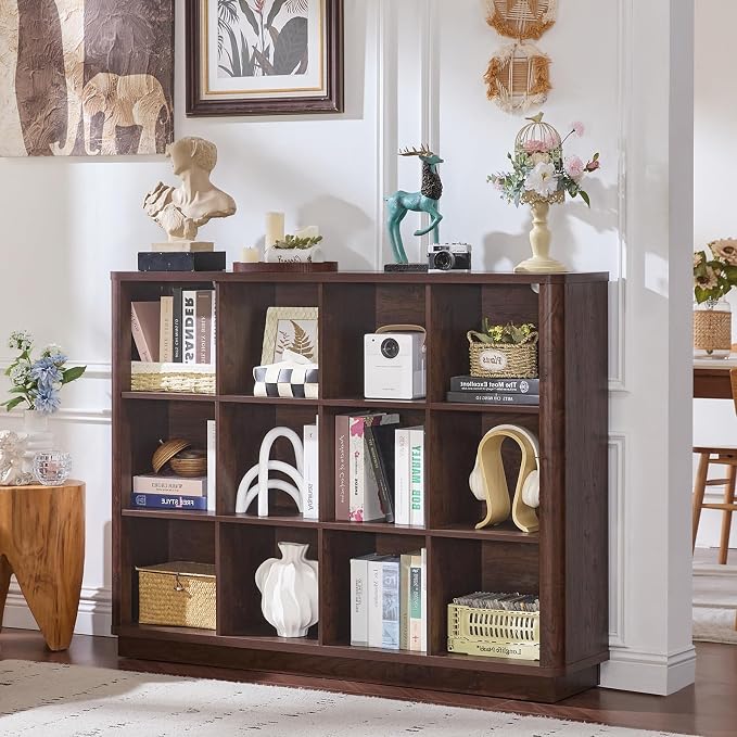 Joaxswe 12 Cube Storage Organizer, 41" Large Bookshelf with Curved Edge, Wood Floor Standing 3-Tier Cubby Bookcase w/Base, Vintage Display Storage Cabinet, Book Case for Living Room, Office, Walnut