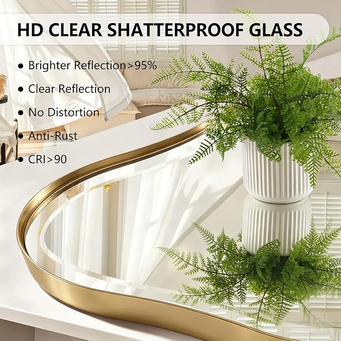 POZINO Large Irregular Beveled Mirror, 63"x31.5" Asymmetrical Wall Mirror with Gold Metal Frame, Organic Shaped Mirrors for Living Room Bedroom Bathroom Hallway Entryway, Horizontal/Vertical