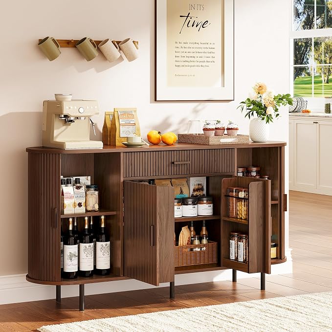ONBRILL 63“ Sideboard Buffet Cabinet with Storage, Sideboard with 1 Drawer & 2 Door Shelves, Mid-Century Modern Kitchen Cabinets with Sliding Door, Coffee Bar Cabinet for Kitchen, Living Room, Walnut