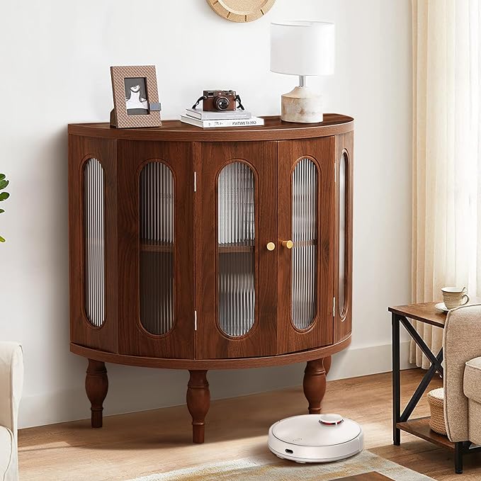 XUZENEST 31'' Sideboard Buffer Cabinet with Storage, Semi-Circle Modern Accent Storage Cabinet with Wooden Finish & Acrylic Doors, Console Table for Living Room Entryway Hallway (Walnut)
