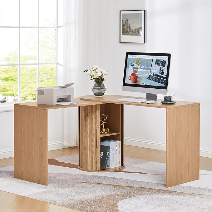 Fluted Computer PC Desk Table with Storage, Boho Corner L Shaped Desk with Storage for Small Space, Modern Home Office Desk for Bedroom, for Writing, Executive, Study, Work - Natural
