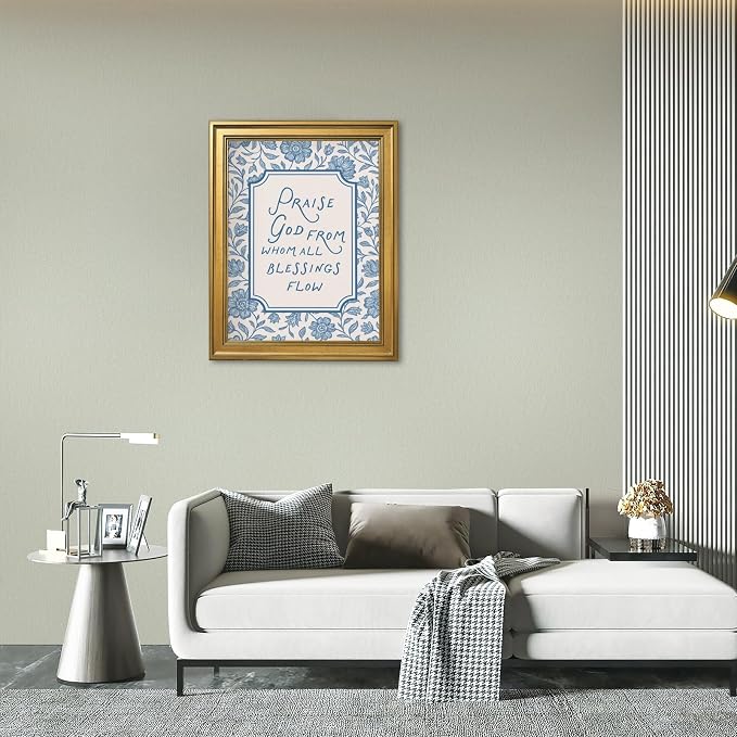 Framed Vintage Christian Wall Art Praise God From Whom All Blessings Flow Poster Light Blue Floral Scripture Print Retro Bible Verse Canvas Painting for Home Faith Based Decor 8x10inch