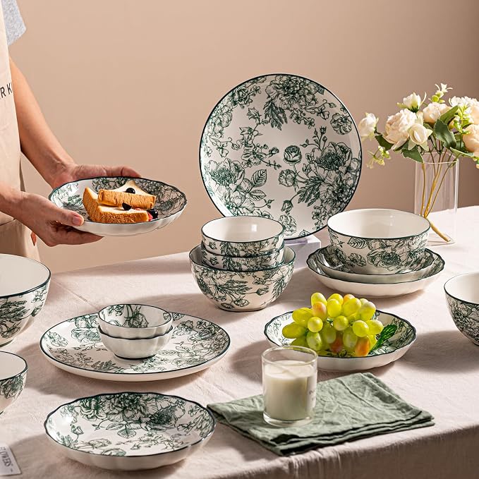 36-Piece Ceramic Dinnerware Set, Service for 6, Vintage Green Rose Floral Plates and Bowls Sets, Microwave & Dishwasher Safe, Porcelain Dinnerware Set for Kitchen & Dining