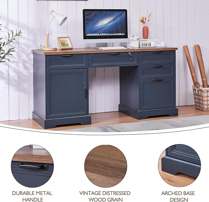 60" Farmhouse Executive Desk with Charging Station,Home Office Desk with 4 Drawers & 1 Cabinet&1 File Cabinet,Main Drawer with Lock,Wood Desk for Office and Home
