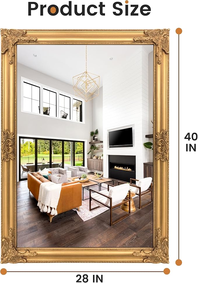 Vintage Gold Mirror for Wall, 28"x40" Antique Decorative Baroque Mirror with Imitation Metal Frame, Ornate Decorative Wall Mirror Decor for Entryway, Fireplace, Living Room, Hallway, Bathroom