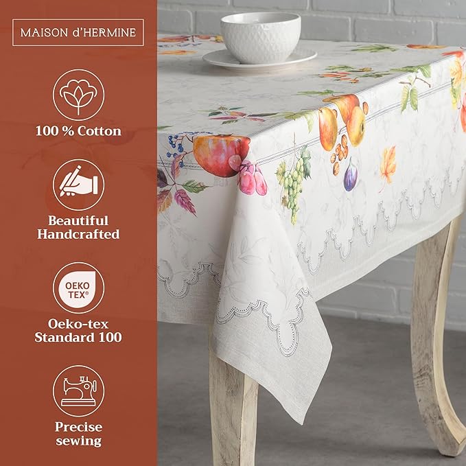 Maison d' Hermine Table Cloth Rectangle Table 100% Cotton 60 x 90 Inches Fall Tablecloth Reusable Everyday Use for Thanksgiving Christmas Decorations Dining Farmhouse Party (Fruit D'Hiver)