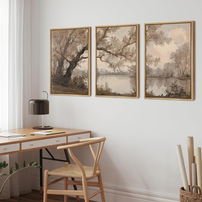 wall26 Framed Print Wall Art Set Sepia Watercolor Lakeside Tree Landscape Decorative Minimal Relax/Zen for Living Room, Bedroom, Office - 24"x36"x3 Natural