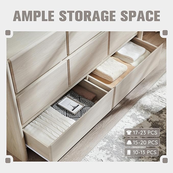 Modern 8 Drawers Dresser for Bedroom, 55" Wide Dresser w/Large Storage & Rounded Corner, Wood Handleless Chests of Drawers w/Natural Texture for Bedroom, Hallway, Living Room-Cream