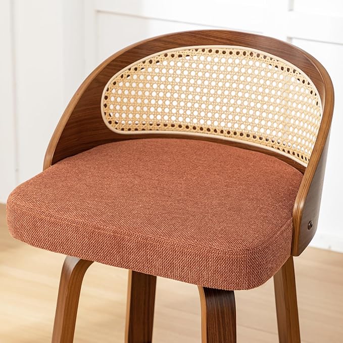 30" Swivel Rattan Bar Stools Set of 2,Mid-Century Modern Orange Linen Fabric Upholstered Counter Height Stools,Kitchen Island Barstools with Rattan Low Backrest,Walnut Wood Finish Bar Chair
