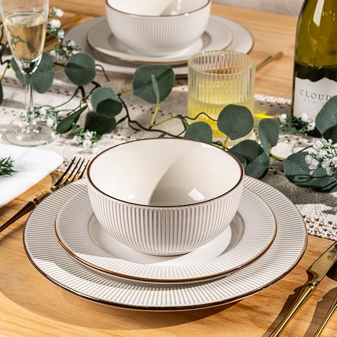 GBHOME Ceramic Dinnerware Sets,18 pcs Embossed Elegant Stoneware Plates and Bowls Sets, Housewarming Wedding Gift | Dishwasher & Microwave Safe | Dishes Set Service for 6
