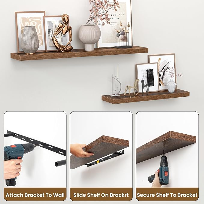 Heimlove Floating Shelves for Wall,16 inchs Shelf for Small Bathroom,Mounted Storage & Display Wood Shelves for Bedroom,Living Room,Kitchen,Office,Set of 2,Rustic Brown