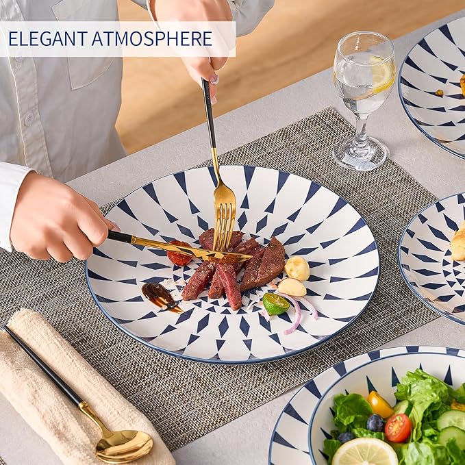 Bestone Ceramic 12-Pieces Dinnerware Sets, Ceramic Dish Plates and Bowls Sets, Dishes Set for 4, Dinner Salad Dessert Plates, and Cereal Bowls Set, Gift,Vintage Blue