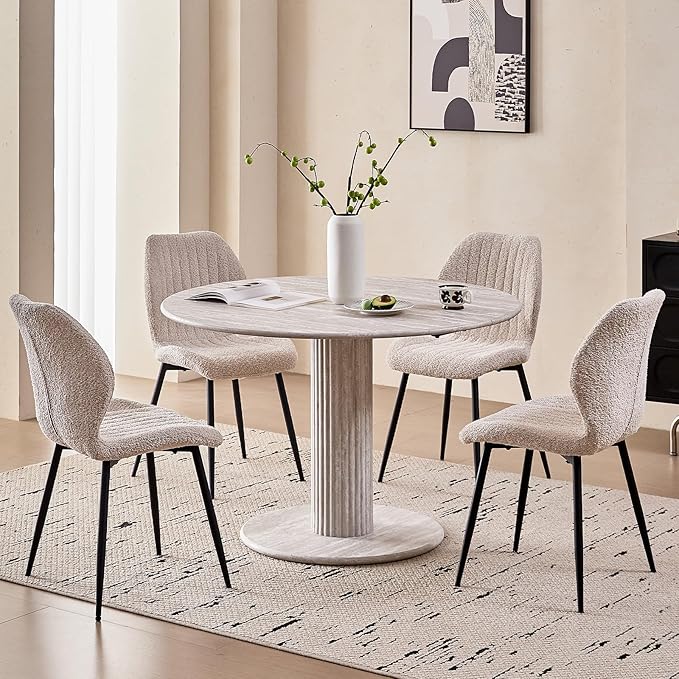 47" Round Dining Table for 4, [Cylinder Pedestal Base] [Stone-Patterned] Modern Circle Dinner Table for Kitchen Dining Living Room, Grey