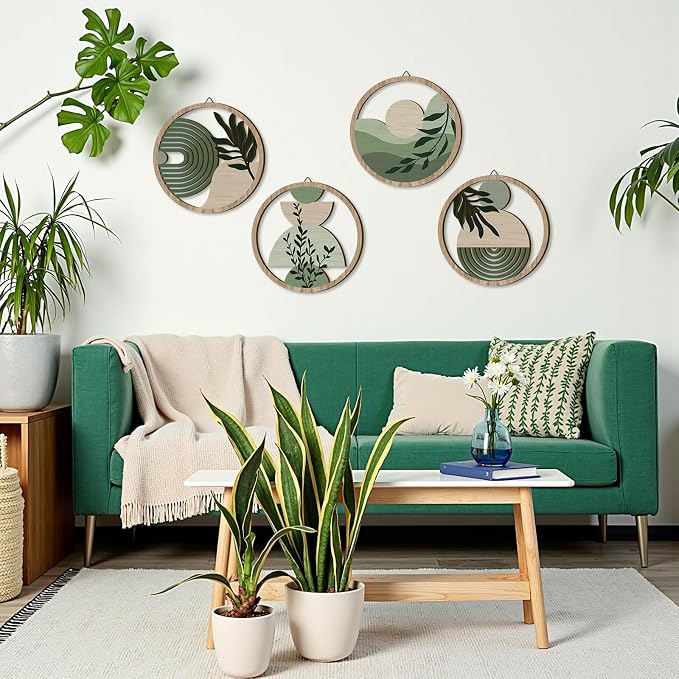 TOARTi 4 Pieces Green Botanical Wooden Wall Art Bohemian Hanging Art Farmhouse Geometric Wooden Wall Decor Aesthetic Tropical Plant Artwork Boho Minimalist Wall Decor for Bedroom Living Room